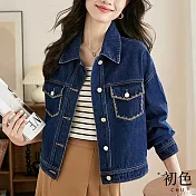 【初色】復古翻領刺繡單排扣雙口袋寬鬆外套女外套-藍色-37684(M-2XL可選) M 藍色