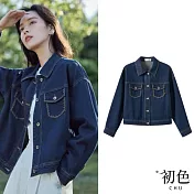 【初色】復古翻領刺繡單排扣雙口袋寬鬆外套女外套-藍色-37684(M-2XL可選) M 藍色