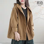 【初色】休閒風寬鬆純色拼接單排釦口袋長袖連帽風衣外套女外套-共3色-38552(M-2XL可選) M 卡其色