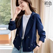 【初色】寬鬆短款風衣西裝領長袖抽繩連帽外套女外套-藏藍色-37130(M-2XL可選) M 藏藍色