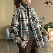 【初色】復古格紋格子襯衫領翻領排釦長袖寬鬆中長款襯衫外套女外套-共3色-38611(M-2XL可選) M 綠格子
