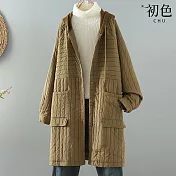 【初色】復古風縫線條紋中長款遮肉抽繩連帽鋪棉大衣外套女外套-共3色-38597(M-2XL可選) M 卡其色