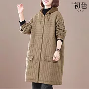 【初色】復古風縫線條紋中長款遮肉抽繩連帽鋪棉大衣外套女外套-共3色-38597(M-2XL可選) M 卡其色