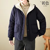 【初色】簡約風撞色內襯寬鬆單排釦保暖鋪棉連帽長袖外套女外套-共2色-38600(M-XL可選) M 深藍色