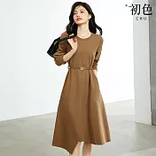 【初色】簡約純色收腰不規則針織圓領長袖A字裙中長連衣裙連身洋裝-共2色-37796(M-2XL可選) M 卡其色