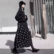 【初色】復古圓點印花高腰傘裙A字裙花苞長裙中長裙半身裙-黑底白點-38609(L/XL可選) XL 黑底白點