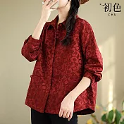 【初色】幾何圖形緹花暗紋翻領長袖寬鬆中大尺碼襯衫外套女外套-共3色-38613(L-2XL可選) L 酒紅色