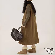 【初色】日系毛呢顆粒感寬鬆保暖純色圓領無袖連身裙長裙連衣洋裝-黃綠色-38617(F可選) F 黃綠色
