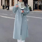 【初色】韓系中長款綁帶毛呢大衣外套女外套-共5色-38628(M-XL可選) M 淺藍色