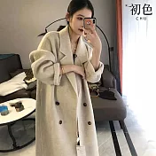 【初色】簡約休閒純色仿羊絨加厚保暖西裝領長袖長款大衣外套女外套-米白色-38689(M-3XL可選) M 米白色