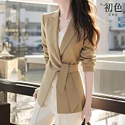 【初色】簡約風純色收腰不對稱綁帶設計長袖西裝外套女外套-卡其色-38675(M-2XL可選) M 卡其色