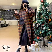 【初色】花呢格紋格子拼接立領斜排釦長袖寬鬆長款大衣毛呢外套女外套-多色格紋-38694(M-2XL可選) M 多色格紋