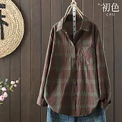 【初色】復古風寬鬆顯瘦格紋翻領長袖襯衫上衣女上衣-格紋-37413(M-2XL可選) M 格紋