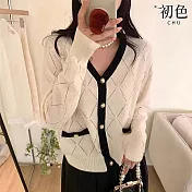 【初色】小香風簡約撞色拼接緹花V領長袖針織衫毛衣外套女外套-白色-37420(F可選) F 白色