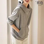 【初色】純色修身顯瘦不規則拉鍊長袖連帽外套女外套-灰色-38818(M-2XL可選) 2XL 灰色