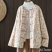 【ACheter】 純棉碎花棉襖外套復古手工盤扣寬鬆印花加厚長袖保暖中長棉衣# 123653 L 粉紅色