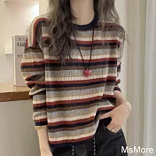 【MsMore】 條紋長袖好氣色毛衣針織衫韓版寬鬆圓領百搭短版上衣# 123731 FREE 條紋色