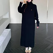 【MsMore】 拉鍊翻領直筒毛衣長袖大碼保暖針織連身裙長版洋裝# 123852 FREE 黑色