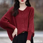 【MsMore】 圓領絞花蝙蝠袖針織外套寬鬆顯瘦短款棉線長袖短版上衣# 123761 FREE 紅色