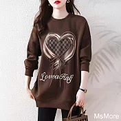 【MsMore】 時尚時髦愛心系帶爆款大碼圓領長袖中長版寬鬆上衣# 123768 M 咖色