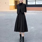 【MsMore】 長袖高領連身裙法式洋氣顯瘦馬甲背心套裝兩件式# 123828 M 黑色