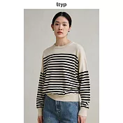 ltyp旅途原品巴素蘭羊毛絲麻棉毛衣秋冬寬鬆撞色條紋針織上衣女 M L M 平領-杏底黑條