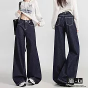 【Jilli~ko】美式闊腿牛仔褲女高腰寬鬆垂感拖地直筒褲 M-XL J12024 XL 深藍色