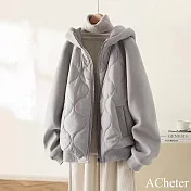 【ACheter】 保暖加厚連帽長袖棉服大碼寬鬆顯瘦外套中長# 123952 M 灰色