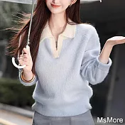 【MsMore】 雲朵羊絨感撞色長袖針織衫短版上衣# 123548 FREE 藍色
