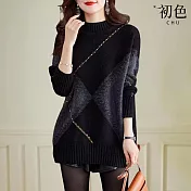 【初色】寬鬆菱格紋半高領長袖針織衫毛衣上衣女上衣-黑色-39017(F可選) F 黑色