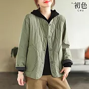 【初色】復古風純色大口袋夾棉保暖單排釦長袖外套女外套-共3色-39062(M-2XL可選) M 綠色