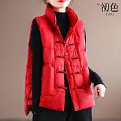 【初色】純色復古立領盤扣夾棉科技羽絨棉背心女背心-共3色-39057(L-2XL可選) L 紅色