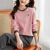 【MsMore】 減齡山茶花運動長袖圓領休閒時尚直筒闊腿長褲寬鬆兩件式套裝# 124074 M 粉紅色