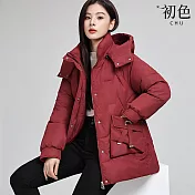 【初色】純色細小格紋可拆式帽子立領長袖加厚羽絨外套女外套-共4色-39121(M-4XL可選) XL 紅色