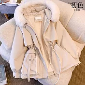 【初色】韓系純色科技羽絨棉服加絨厚皮連帽口袋收腰長袖外套女外套-共4色-39171(M-3XL可選) M 白色