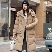 【初色】韓版莫蘭迪色系中長款可拆卸式連帽加厚科技羽絨棉外套女外套-共4色-39124(M-16XL可選) M 卡其色