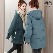 【初色】韓版中長款拉鍊單排釦按扣口袋長袖插肩袖連帽科技羽絨棉服外套女外套-共4色-39172(M-XL可選) M 藍色