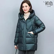 【初色】簡約純色中長款連帽寬鬆保暖科技羽絨棉外套女外套-共4色-39122(M-3XL可選) M 墨綠色