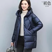 【初色】簡約純色中長款連帽寬鬆保暖科技羽絨棉外套女外套-共4色-39122(M-3XL可選) M 藍色