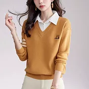 【MsMore】 襯衫領針織衫時尚假兩件上衣小個子毛衣短版# 124066 FREE 黃色