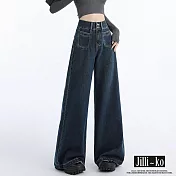 【Jilli~ko】高腰寬鬆大褲腳闊腿牛仔褲 M-XXL J12082  M 深藍