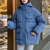 【初色】韓版純色拉鍊口袋長袖插肩袖連帽科技羽絨棉服外套女外套-共3色-39177(M-2XL可選) M 藍色