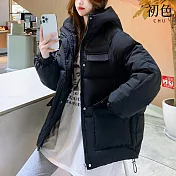 【初色】韓版純色拉鍊口袋長袖插肩袖連帽科技羽絨棉服外套女外套-共3色-39177(M-2XL可選) M 黑色