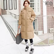 【初色】韓版休閒寬鬆長款加厚保暖連帽螺紋長袖羽絨棉外套女外套-共5色-39159(M-3XL可選) M 卡其色