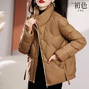 【初色】簡約純色短款立領寬鬆修身保暖加厚科技羽絨棉外套女外套-共4色-39128(M-2XL可選) M 咖啡色