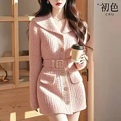 【初色】法式小香風純色單排釦皮帶海軍領開衫長袖針織中長裙連衣裙連身洋裝-粉色-39204(F可選) F 粉色