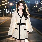 【初色】小香風V領長袖單排釦修身中長連衣裙連身洋裝-白色-39236(F可選) F 白色