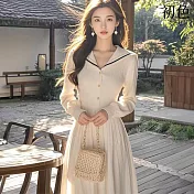 【初色】冷淡系拼色荷葉邊單排釦海軍領長袖針織中長裙連衣裙連身洋裝-白色-39248(F可選) F 白色