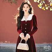 【初色】撞色拼接荷葉邊娃娃領翻領長袖修身顯瘦中長裙連衣裙連身洋裝長裙-酒紅色-39257(M-2XL可選) L 酒紅色
