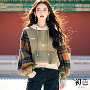 【初色】寬鬆拼色長袖格紋口袋長袖連帽T恤上衣女上衣-綠色-39268(M-3XL可選) M 綠色